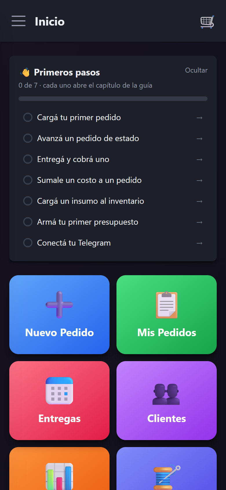 El inicio del dashboard con la grilla de tarjetas