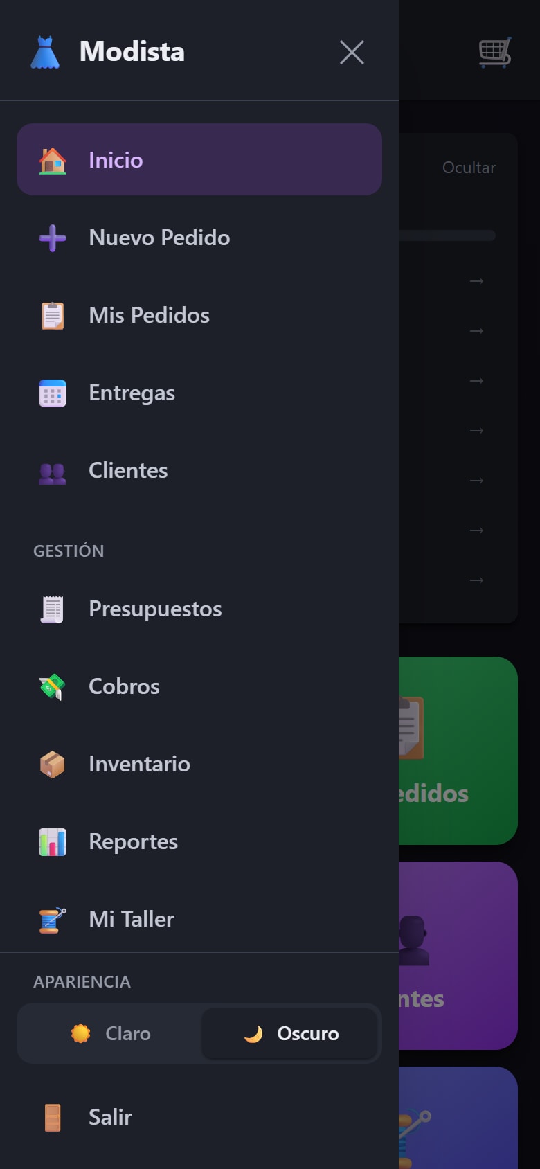 El menú lateral abierto con las secciones de la app