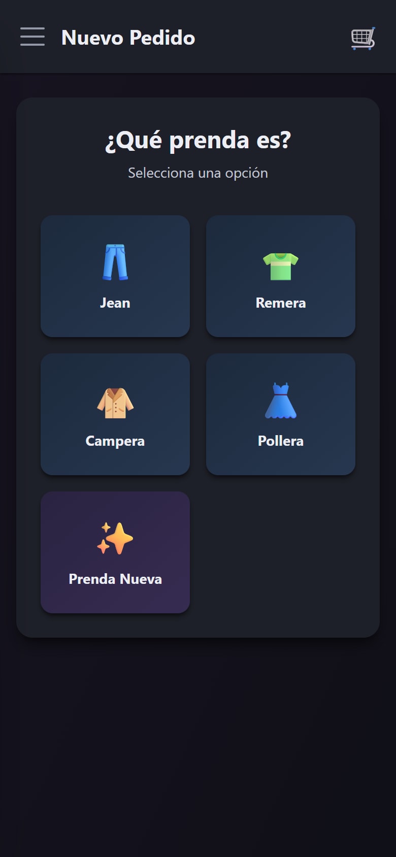 El primer paso del pedido nuevo: elegir la prenda