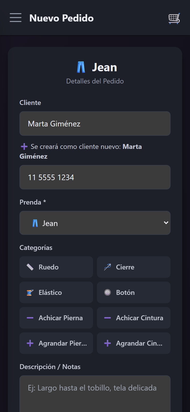 El campo de cliente con el aviso de que se creará como cliente nuevo