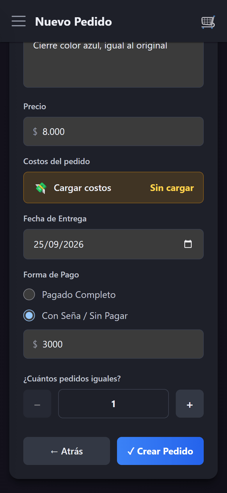 El precio, la fecha de entrega y el monto de la seña