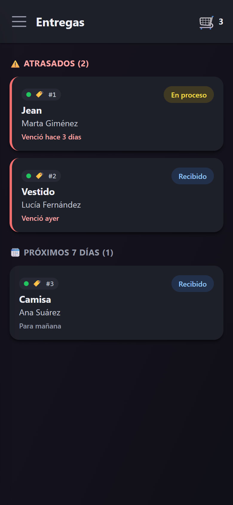 La agenda de entregas con un pedido atrasado, uno para hoy y uno de la semana