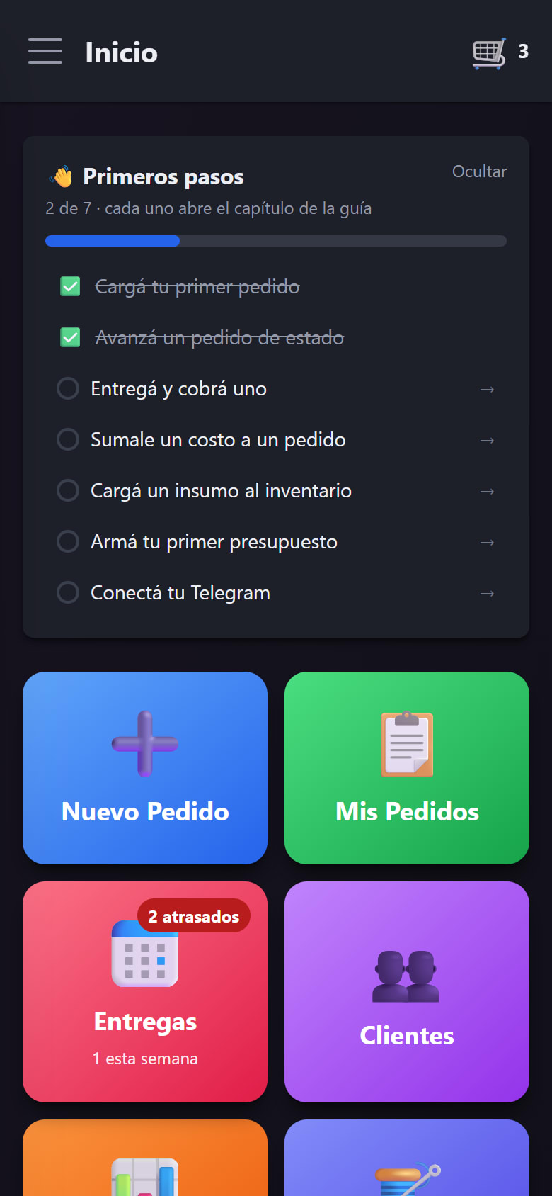 El inicio con la tarjeta de Entregas marcando un pedido atrasado