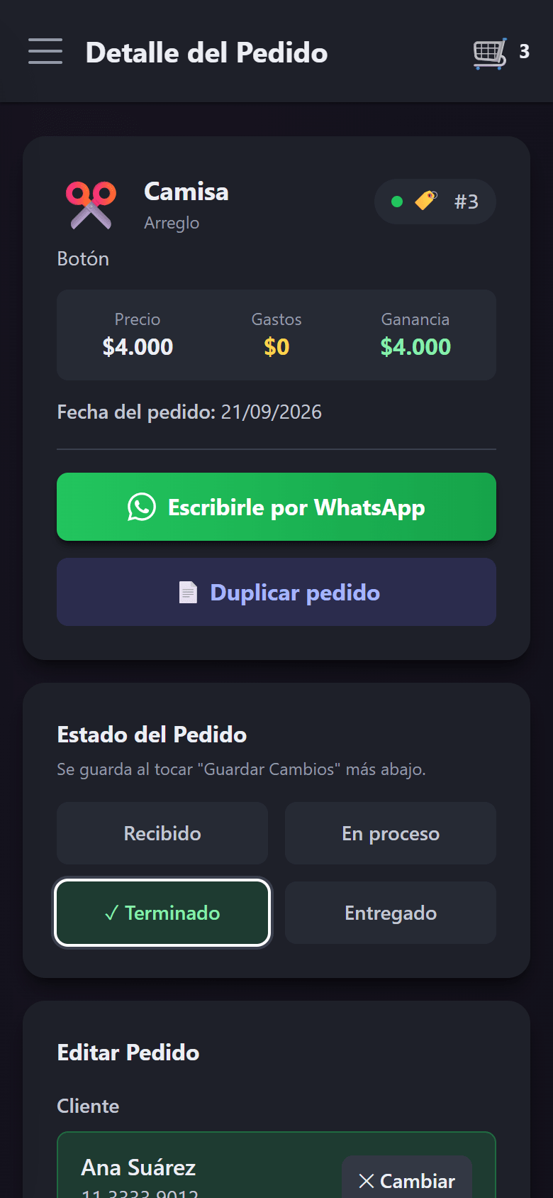 El detalle del pedido de Ana con el botón Escribirle por WhatsApp
