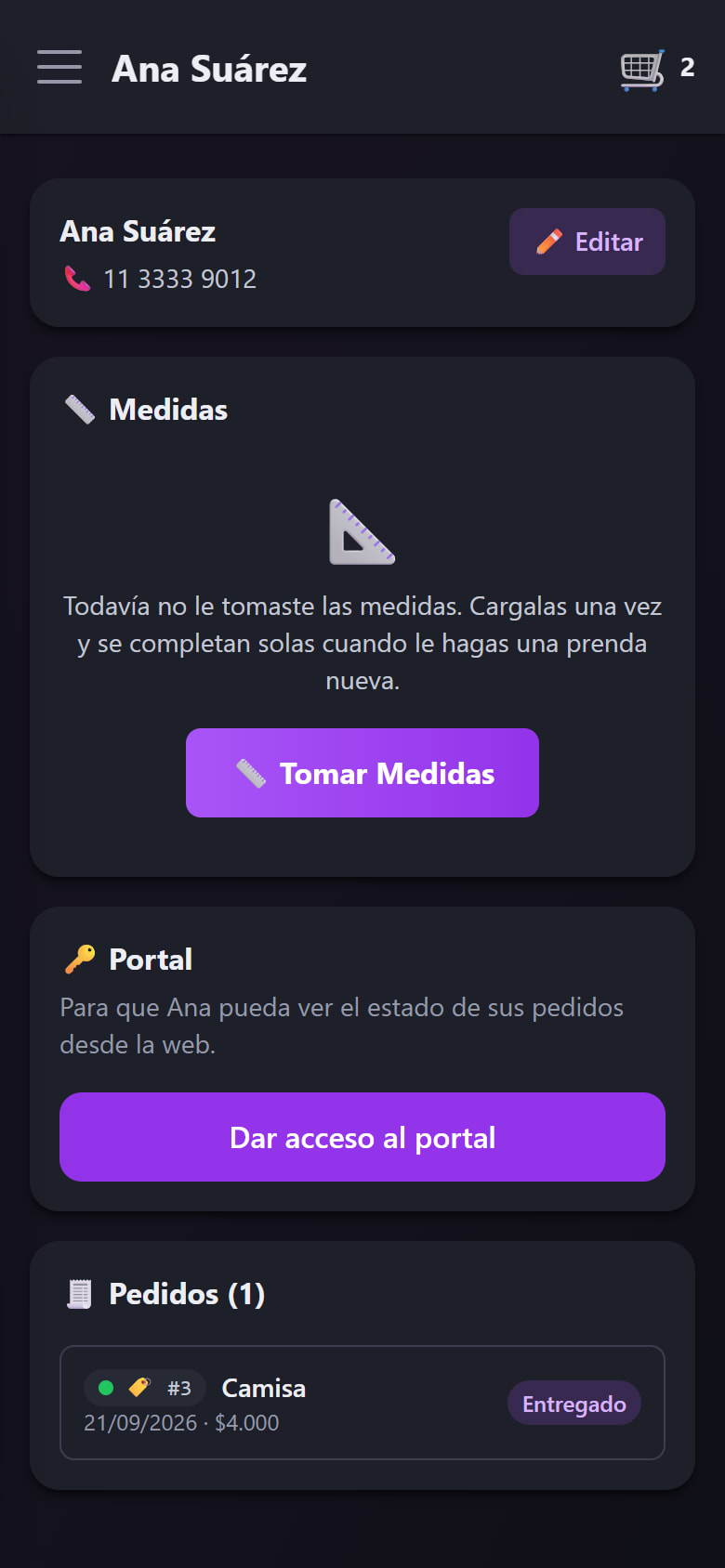 La ficha de Ana con su pedido entregado