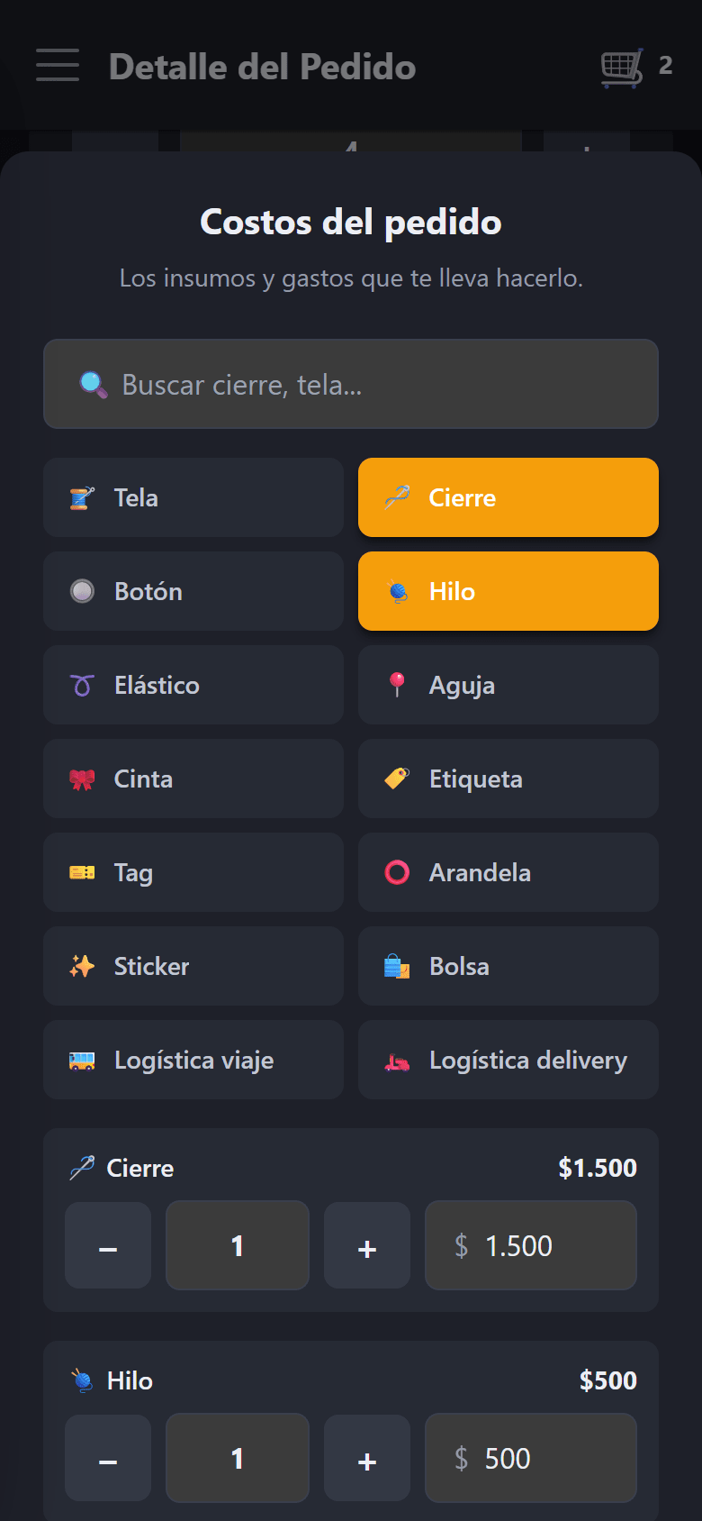 El modal de costos del pedido con Cierre e Hilo cargados