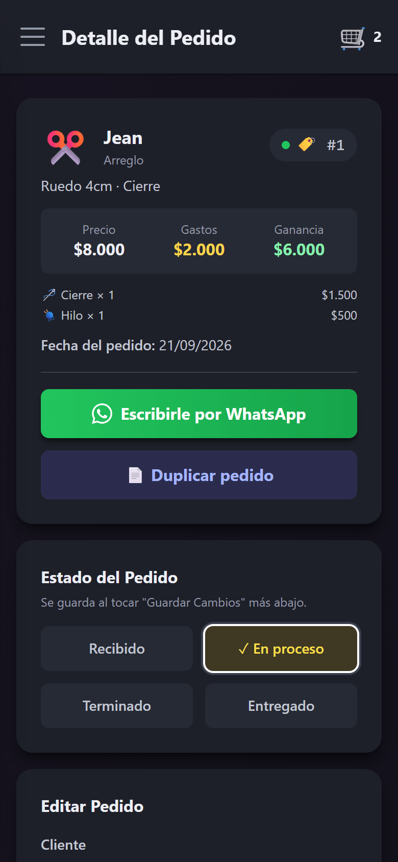 El detalle del pedido con precio $8.000, gastos $2.000 y ganancia $6.000