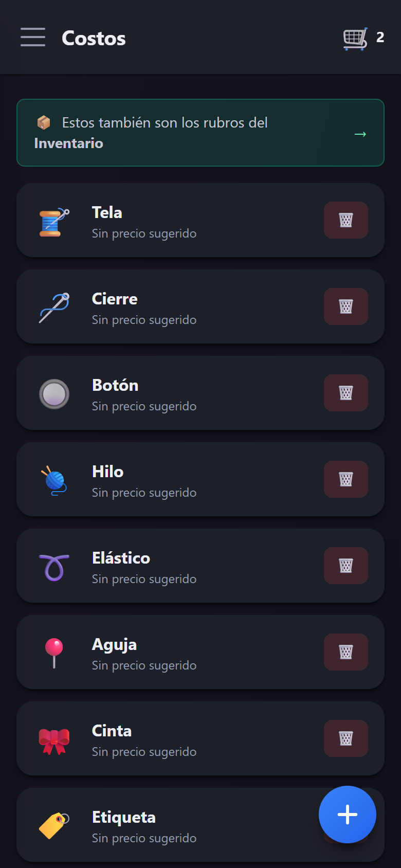 El catálogo de costos del taller