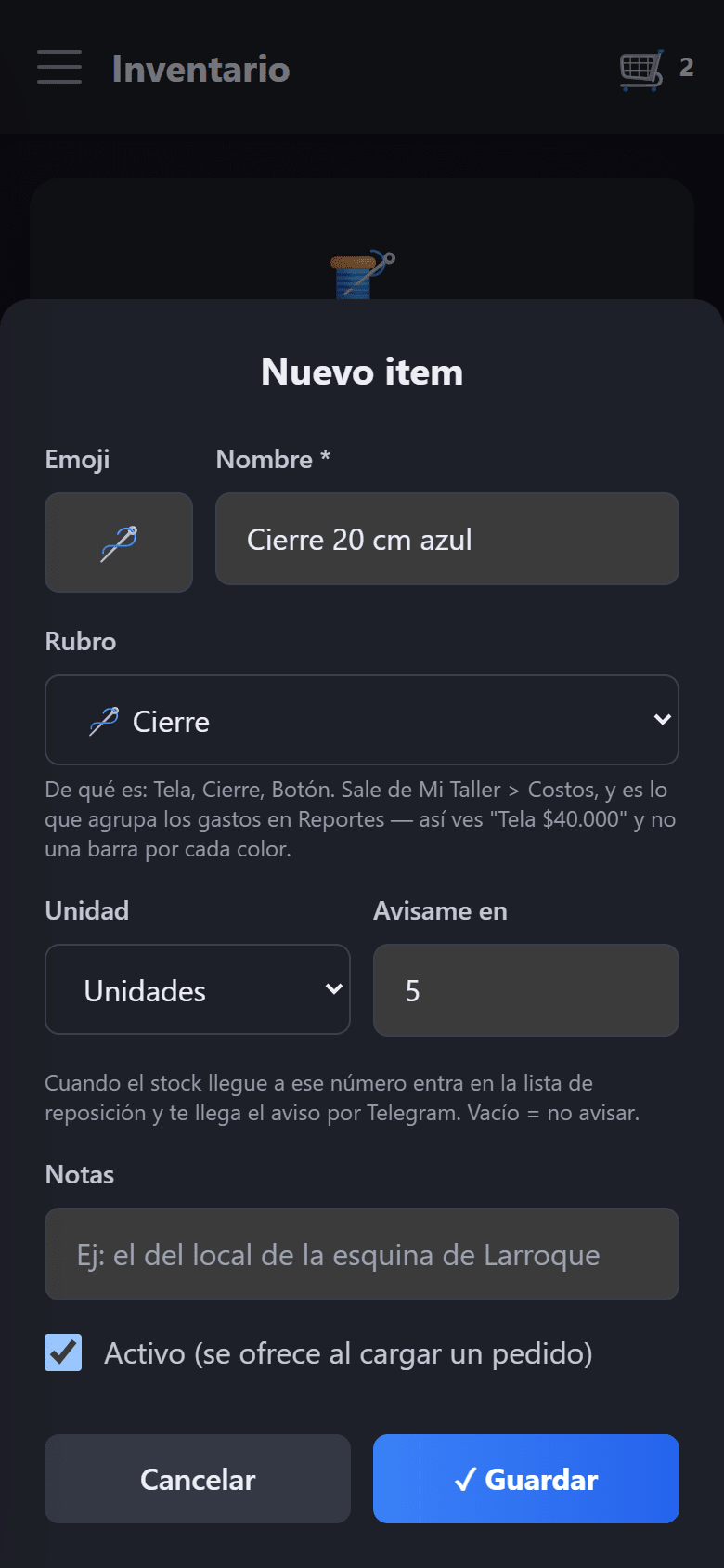 El formulario de ítem nuevo del inventario