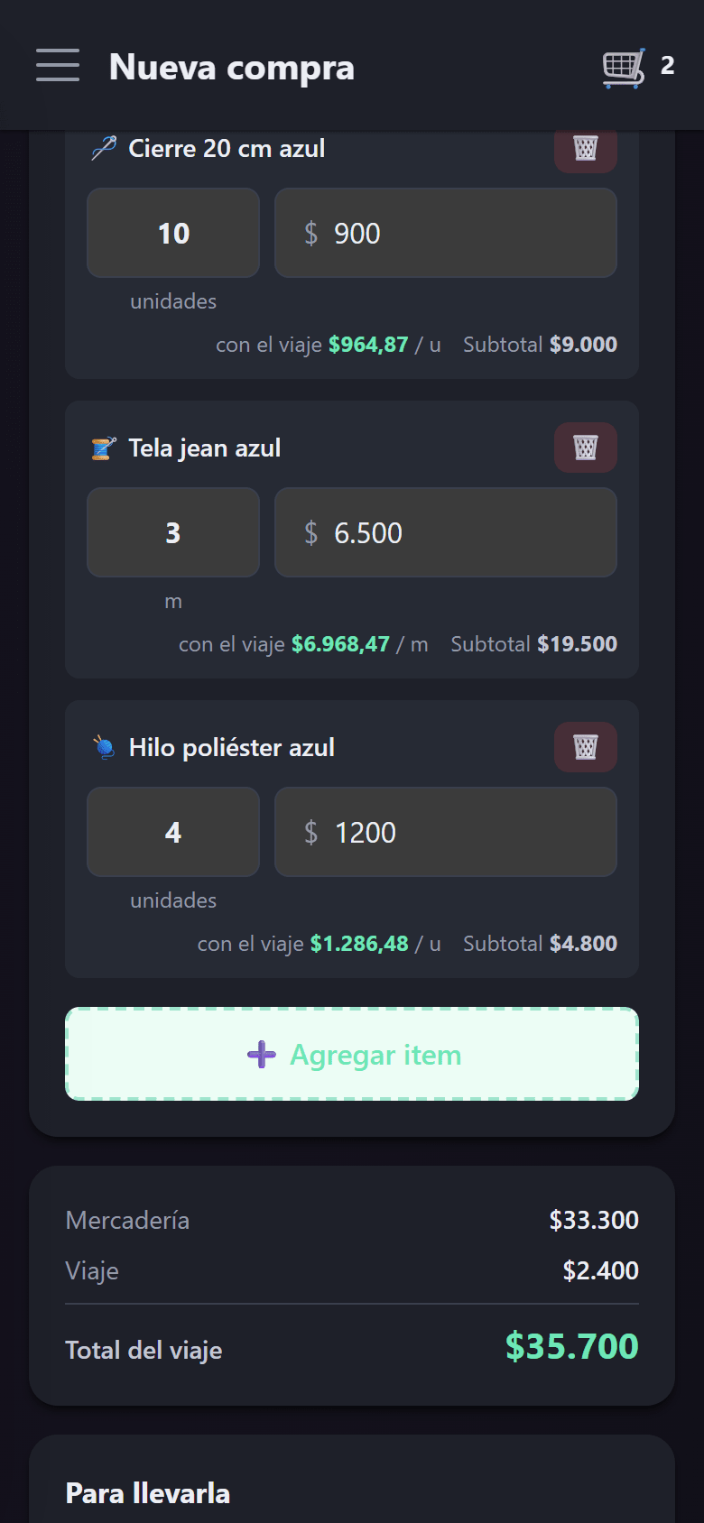La compra nueva con tres ítems y el viaje repartido