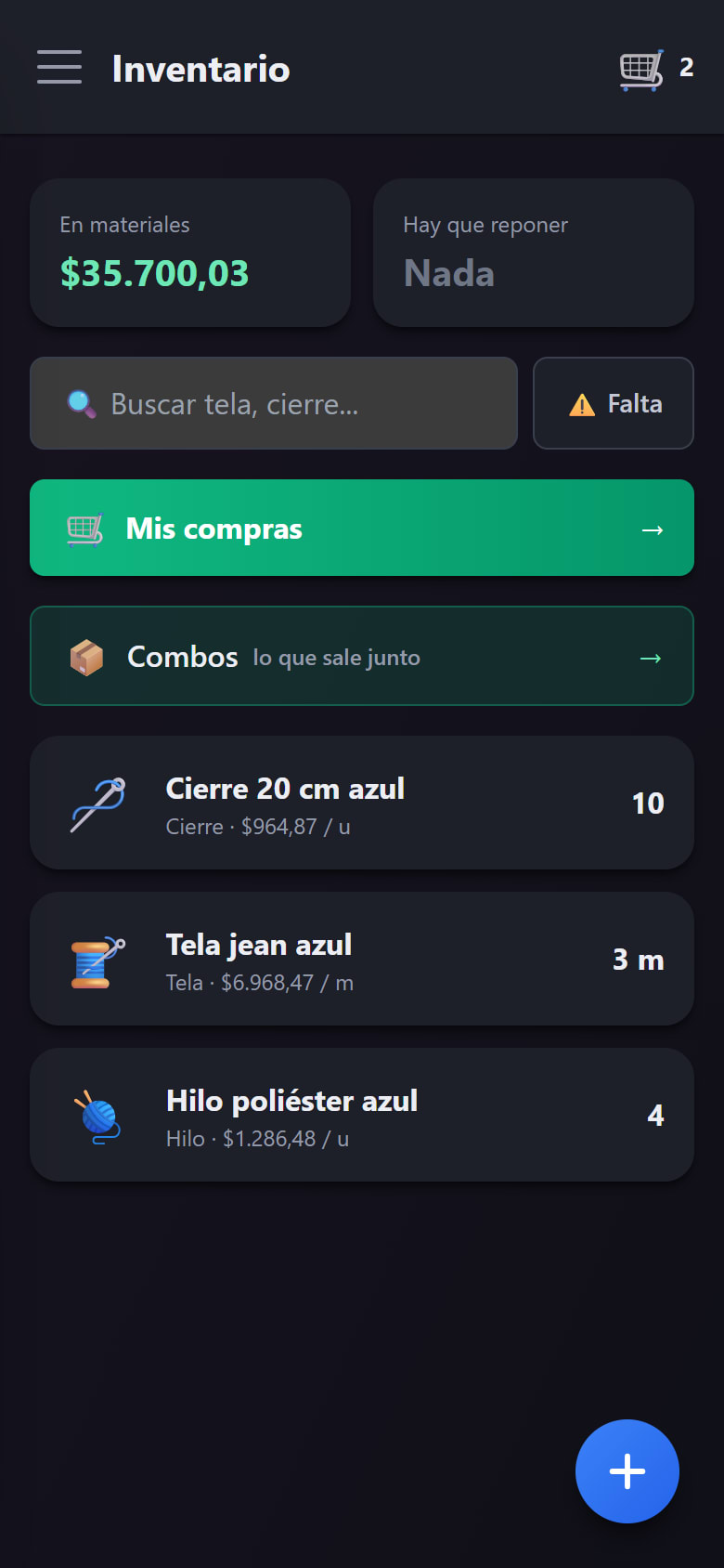 El inventario con los tres ítems y su valor