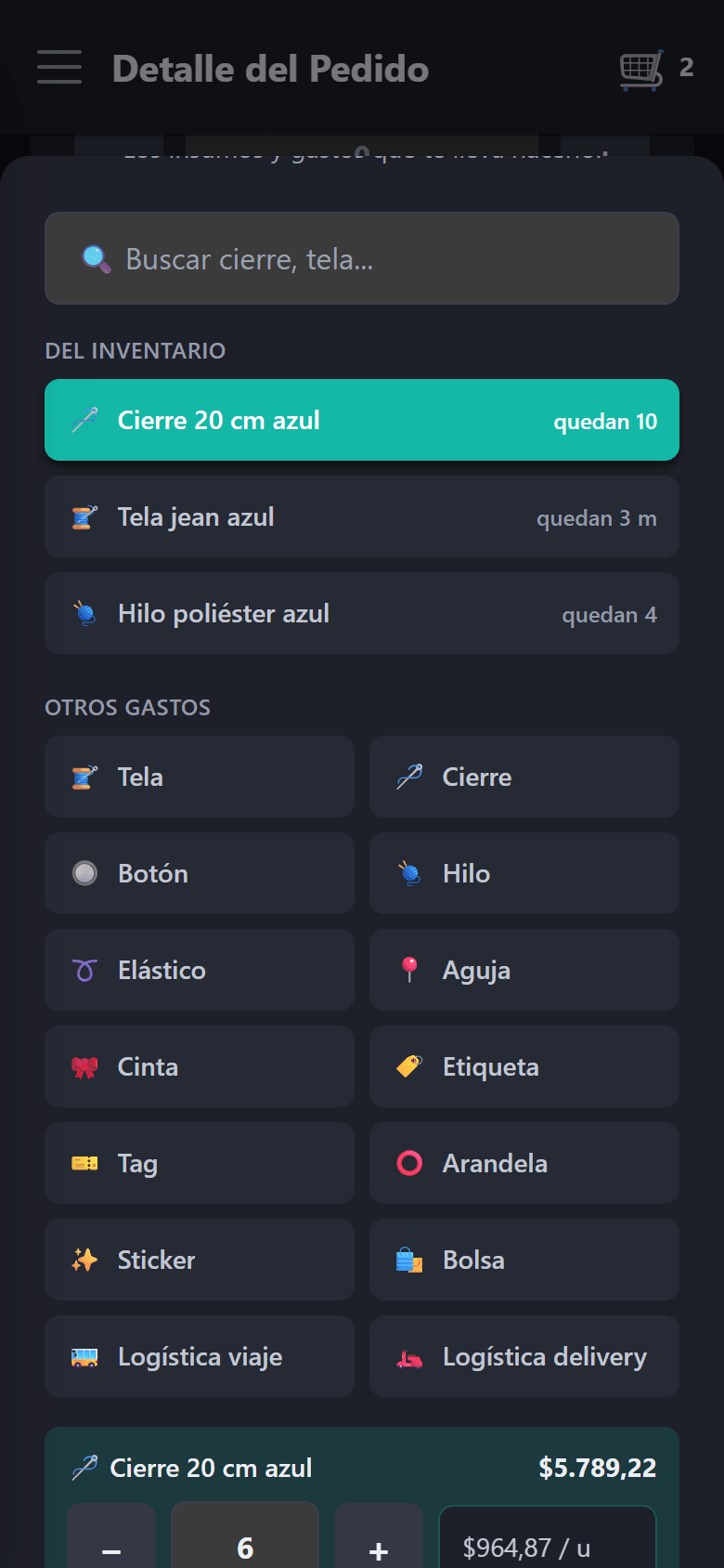 El modal de costos con los ítems del inventario y lo que queda de cada uno