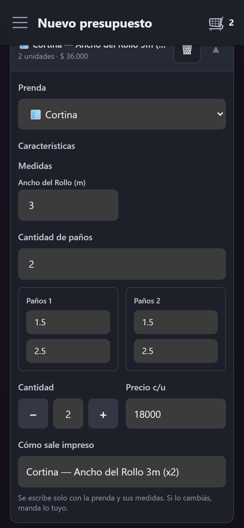El formulario de presupuesto con las cortinas cargadas