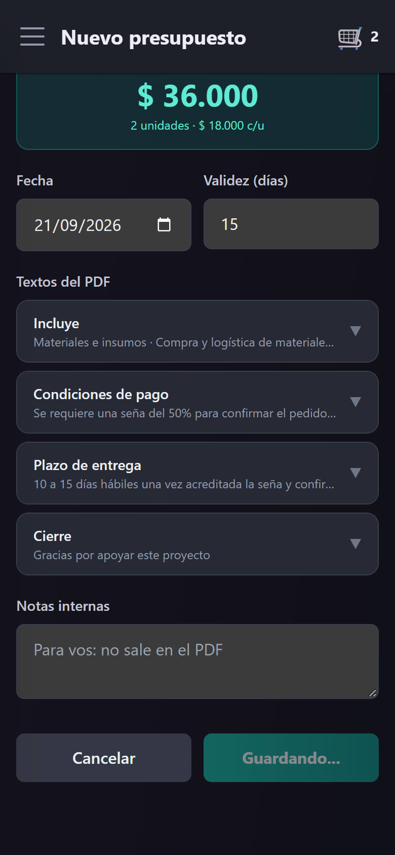 El detalle del presupuesto con los botones de PDF, compartir y convertir