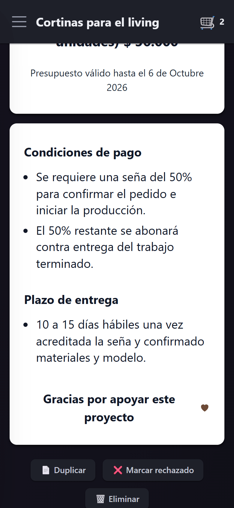 La vista previa del PDF con la tabla de precios y las condiciones