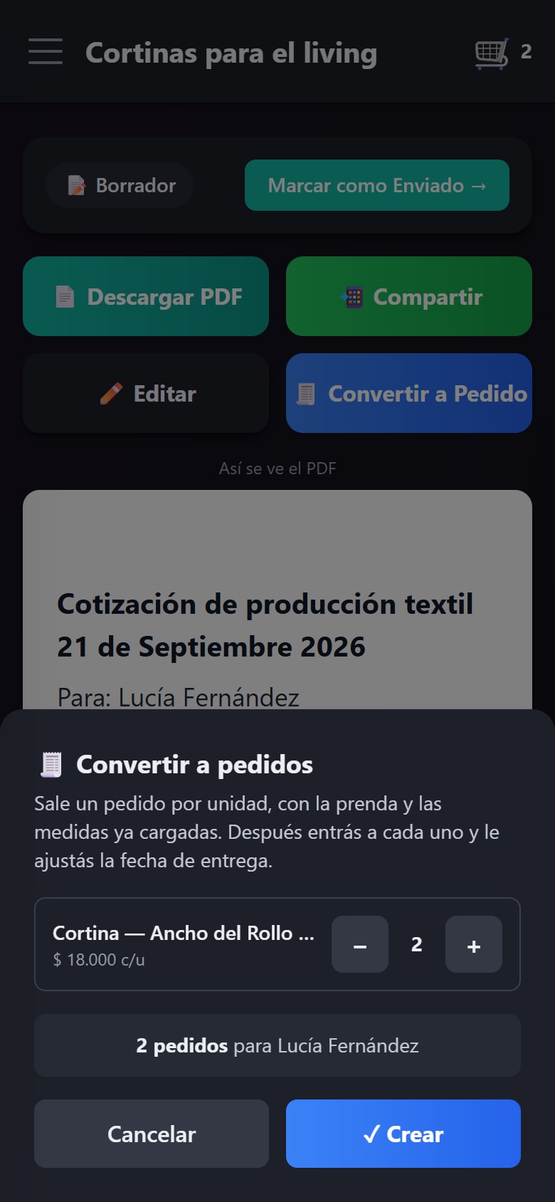 El cuadro para convertir el presupuesto en dos pedidos