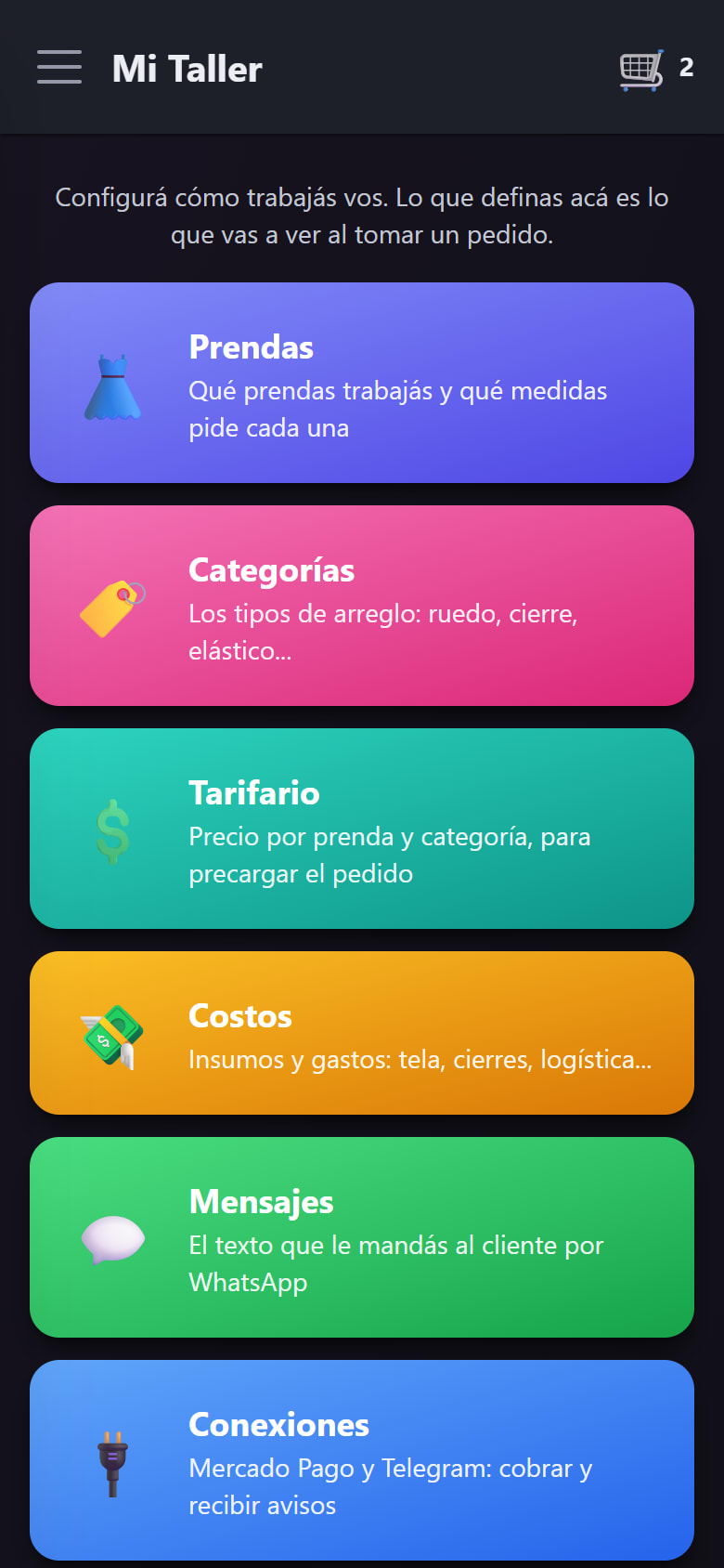 El hub de Mi Taller con sus seis secciones