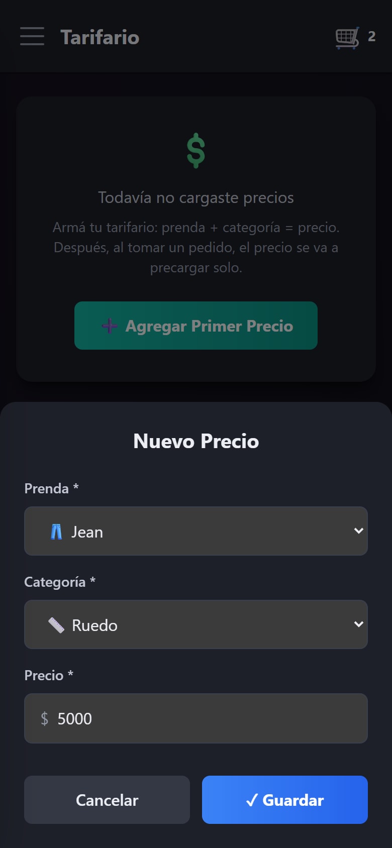 El formulario de precio nuevo: Jean, Ruedo, $5.000
