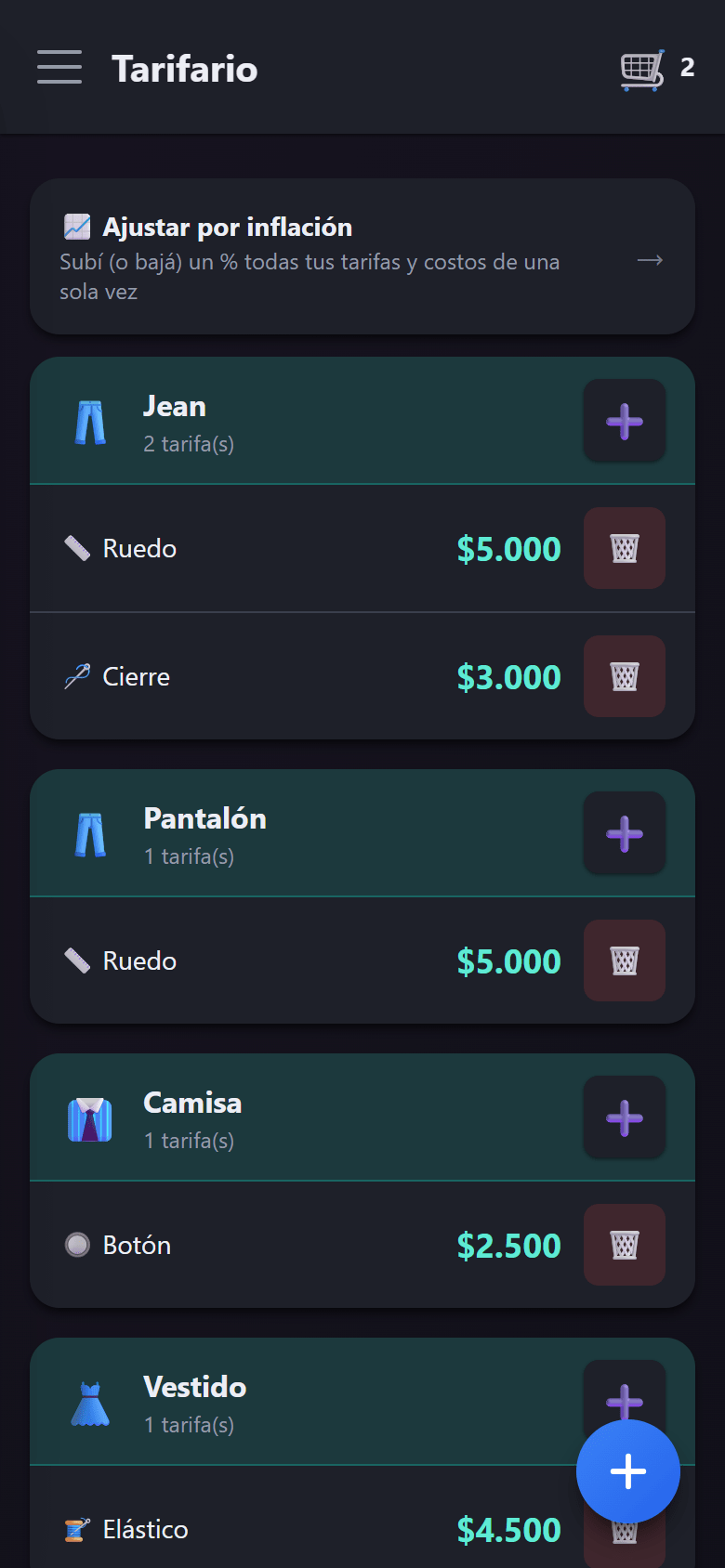 El tarifario con los precios agrupados por prenda