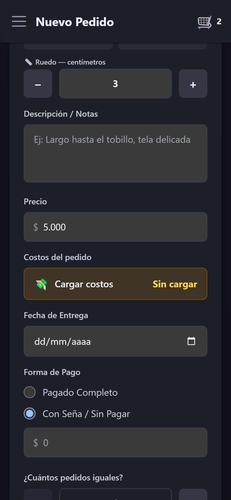 Un pedido nuevo con el precio precargado desde el tarifario