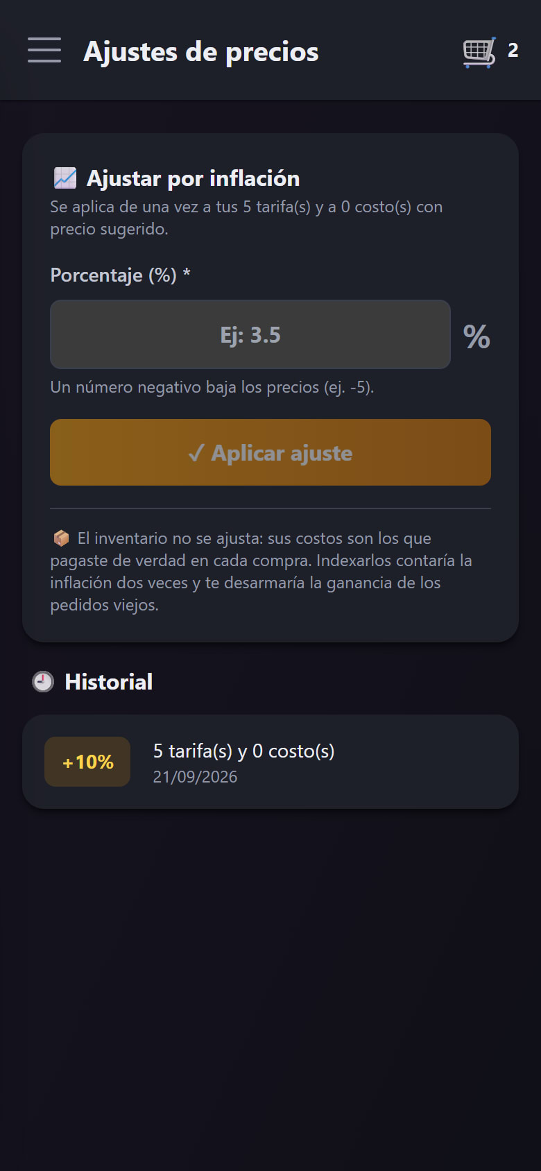 El historial de ajustes con el 10% aplicado