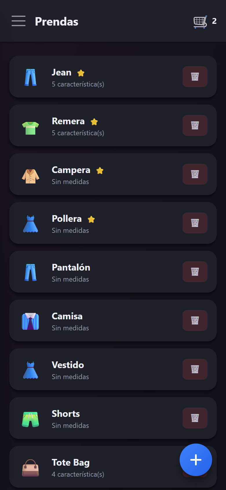 La lista de prendas del taller con las estrellas de atajo