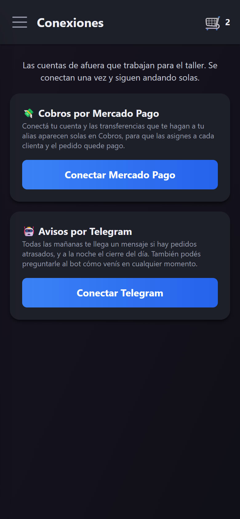 La pantalla de Conexiones con Mercado Pago y Telegram