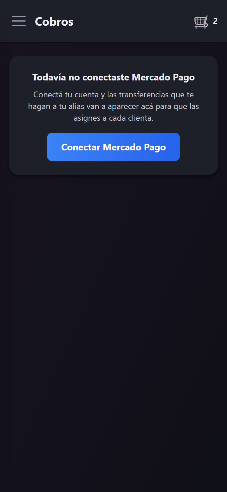 La bandeja de cobros antes de conectar Mercado Pago