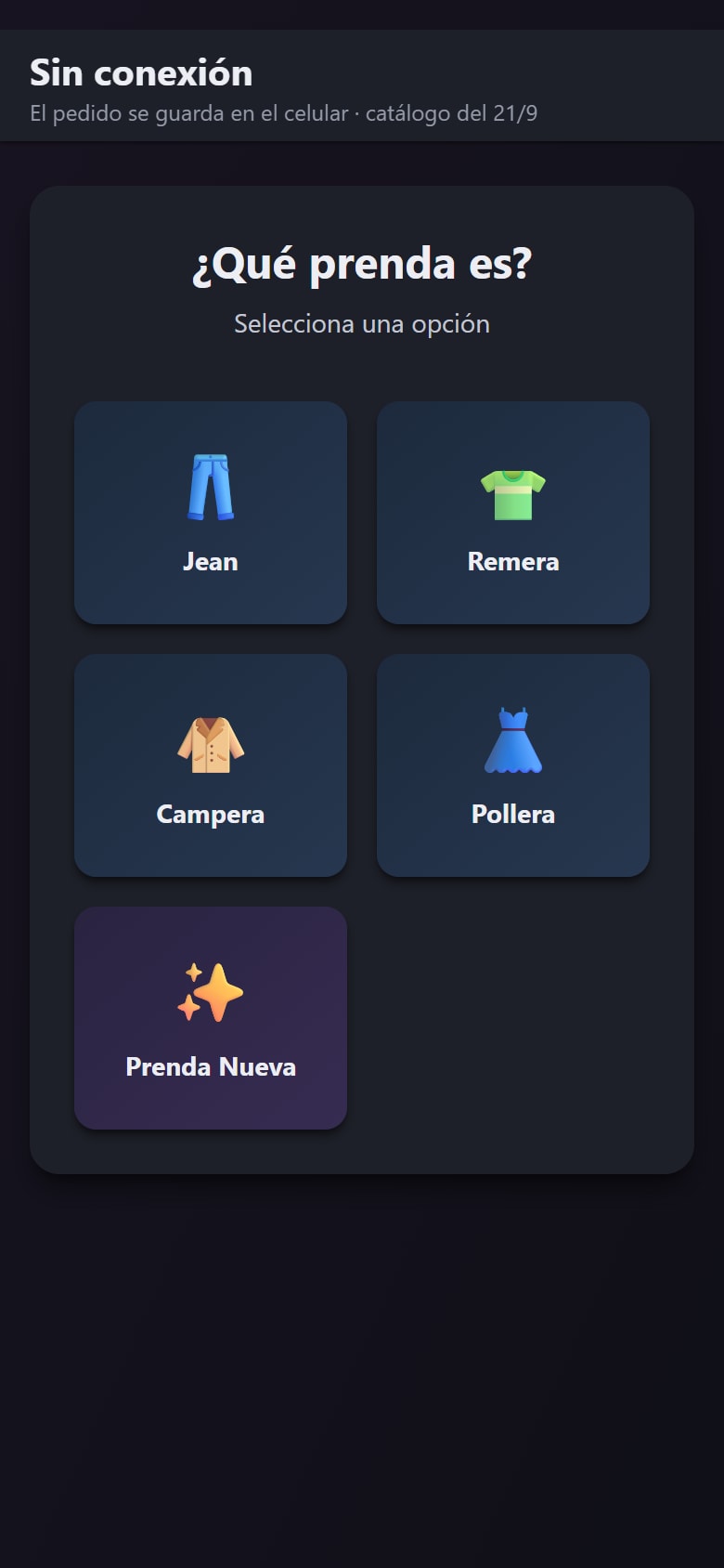 La pantalla de Nuevo Pedido en modo sin conexión
