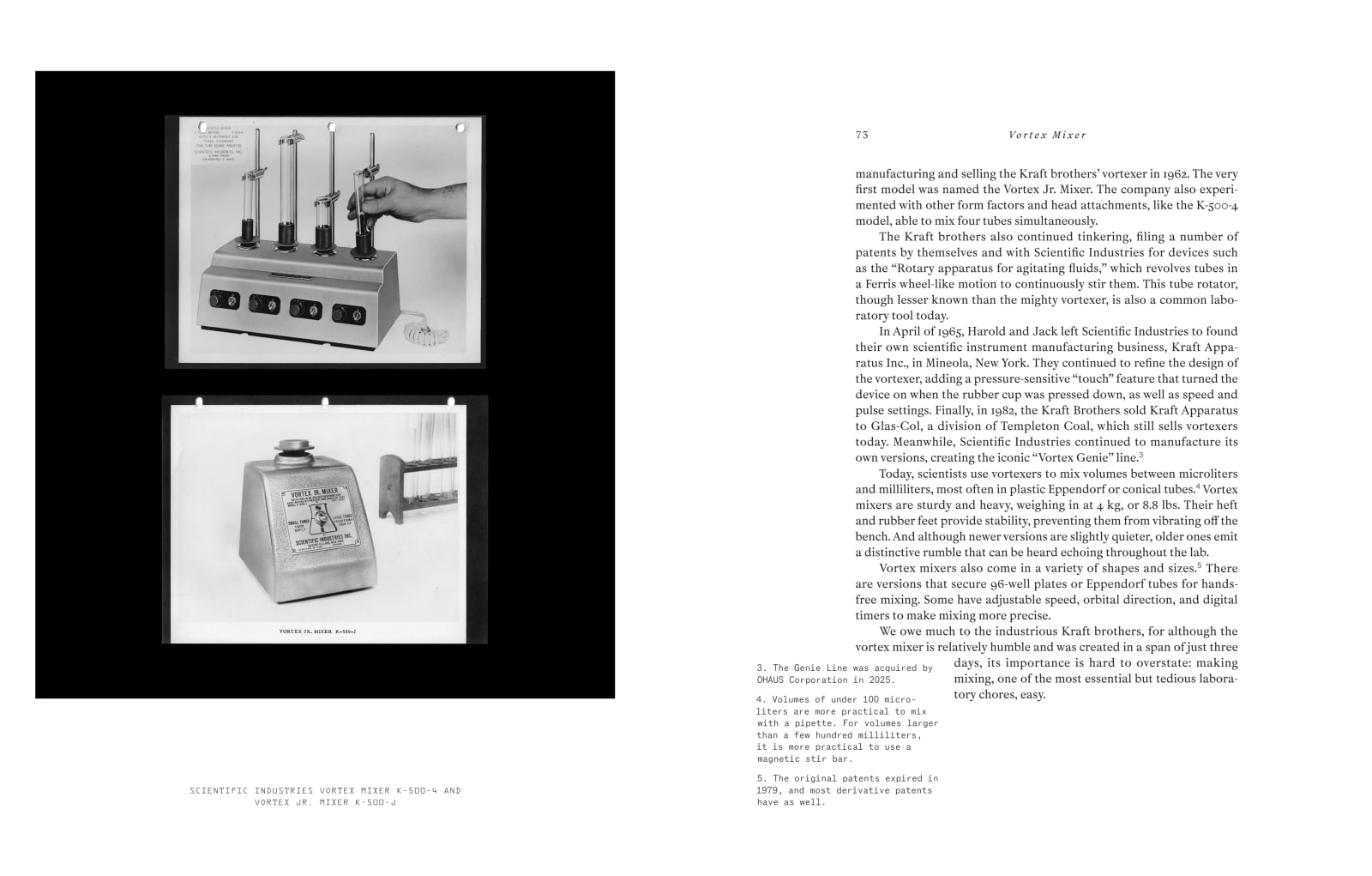 Pages 72–73 of Making the Modern Laboratory, showing two archival photographs of vortex mixers beside an essay on their history.