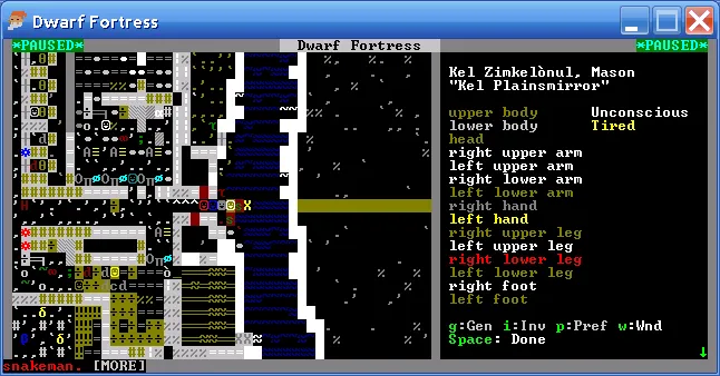 A text-based Dwarf Fortress screen listing the wounds of a mauled dwarf.