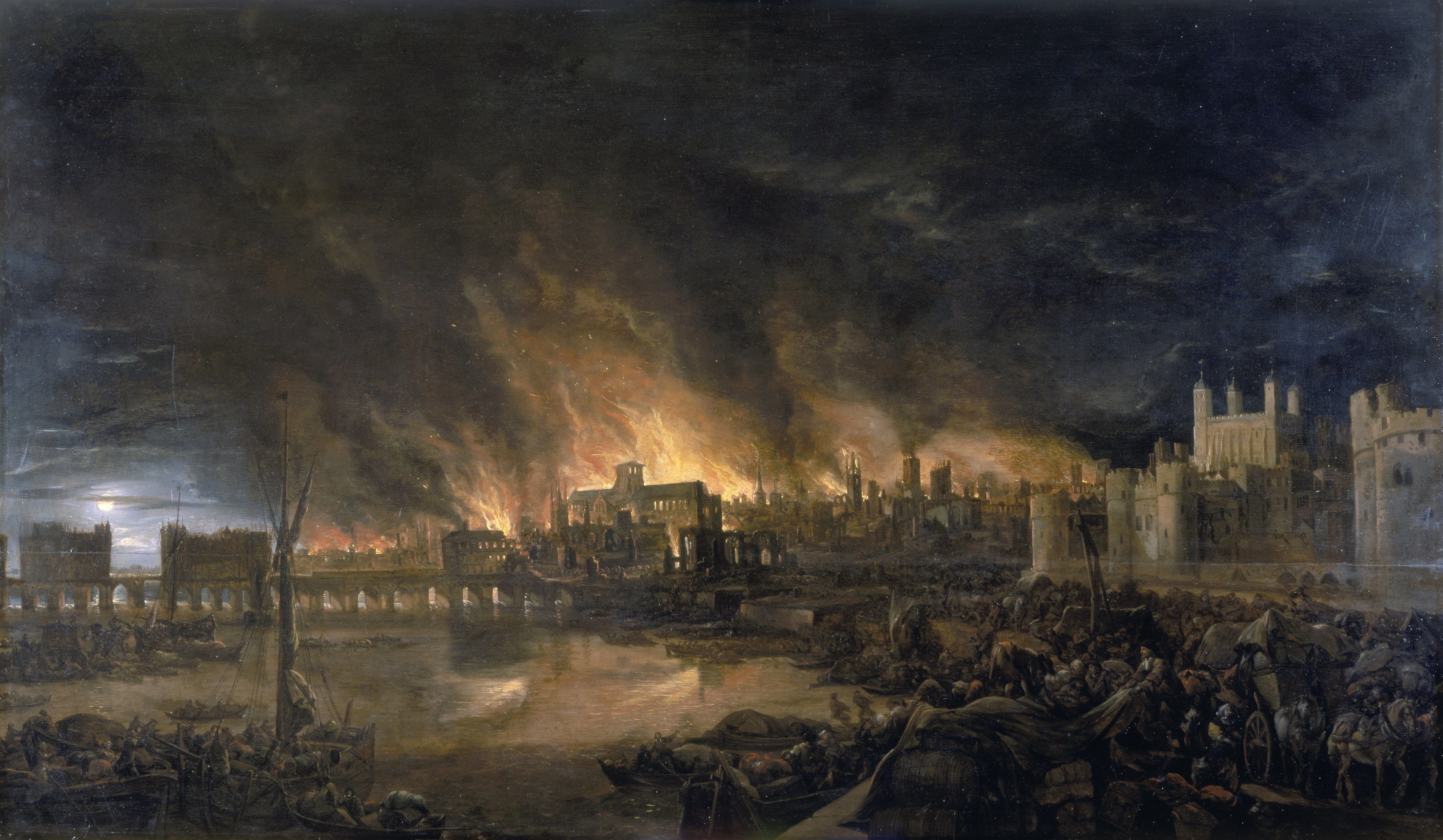 The Great Fire of London, as portrayed by an unknown painter (1675).