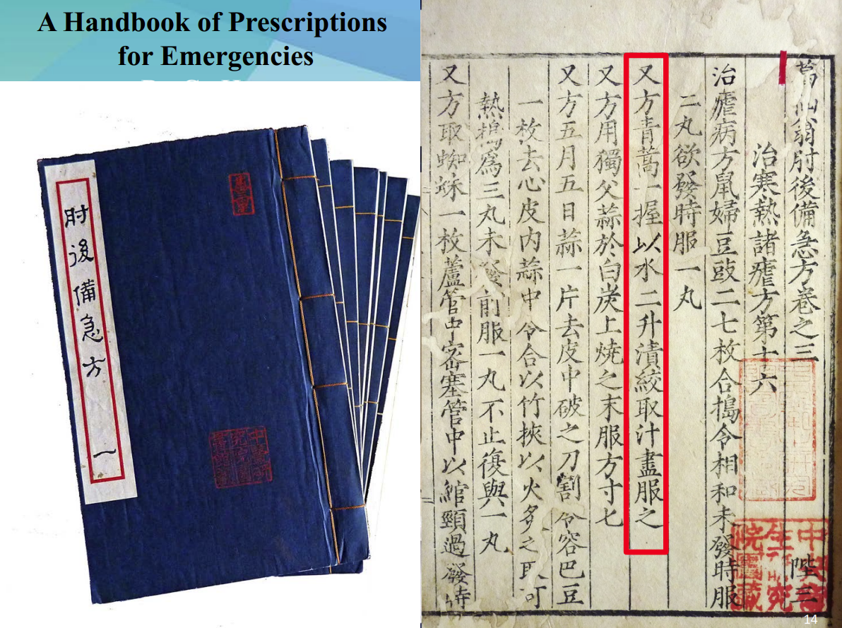 A page from Emergency Prescriptions Kept up One’s Sleeve, China’s first emergency manual.