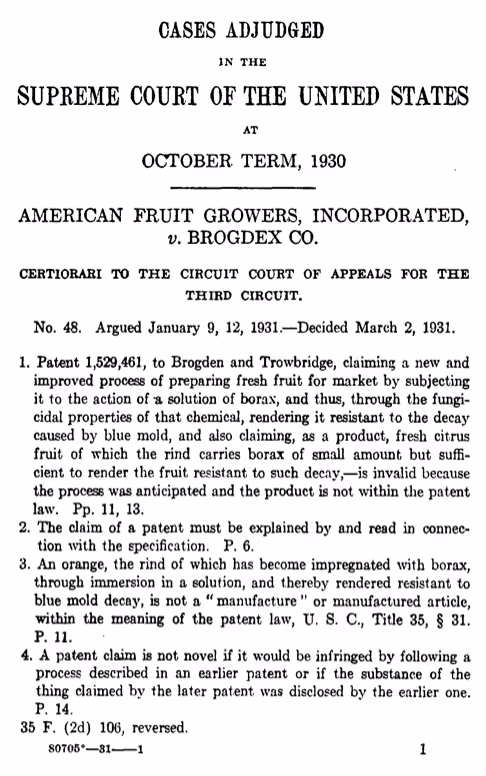 A snapshot of American Fruit Growers v. Brogdex in an official compilation of Supreme Court cases.