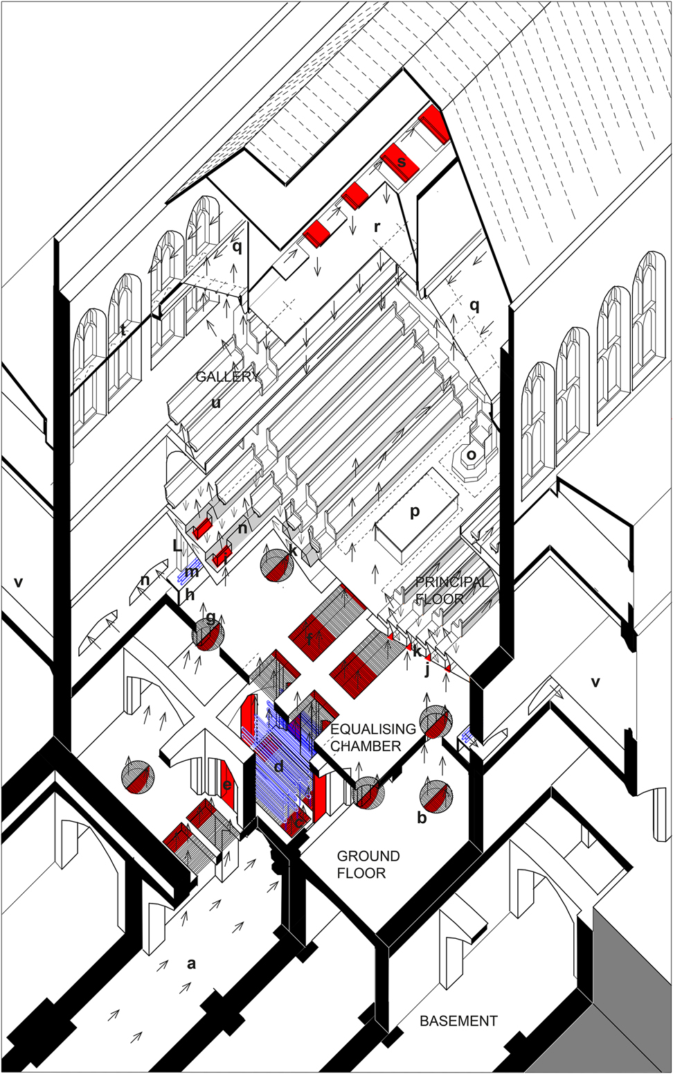 Projection of the House of Commons debating chamber, showing the ventilation systems running through the building.