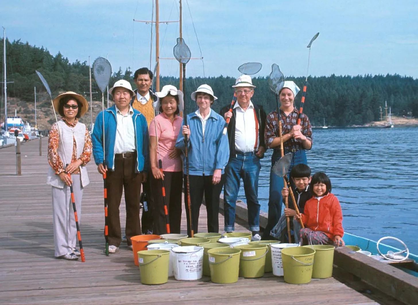 Jellyfish collectors, Friday Harbor town docks, 1974.