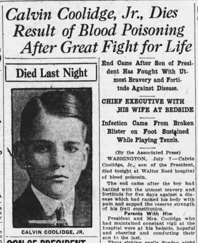 A newspaper clipping reporting the death of Calvin Coolidge Jr.