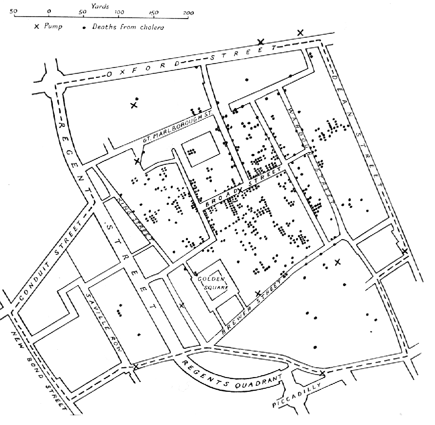 John Snow's cholera map, 1854, with dots depicting cholera cases around the contaminated Broad Street water pump.