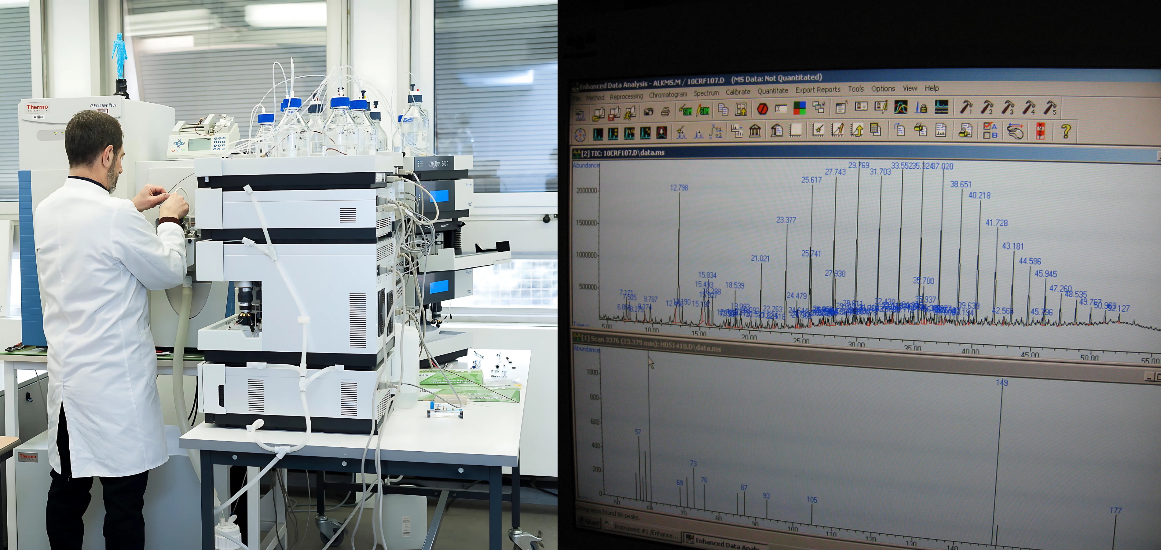A technician loads samples into a mass spectrometer, with mass spectrometry data shown as a series of peaks on a computer screen.