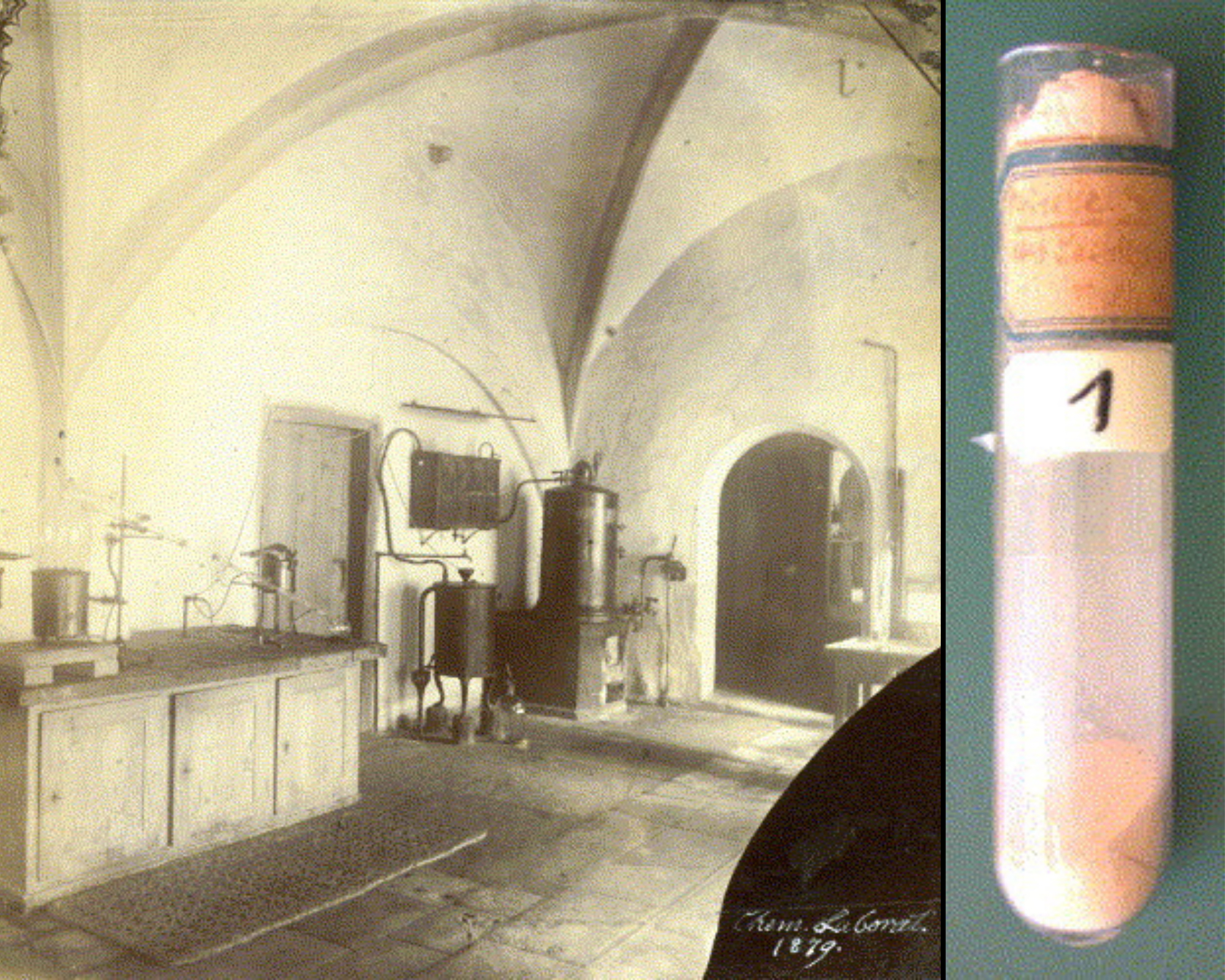The castle-kitchen laboratory in Tübingen where Miescher discovered DNA, and a glass vial containing nuclein isolated from salmon sperm hand-labelled by Miescher.