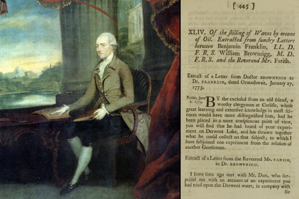 William Brownrigg (left) and the cover page of Franklin's 1774 paper (right).