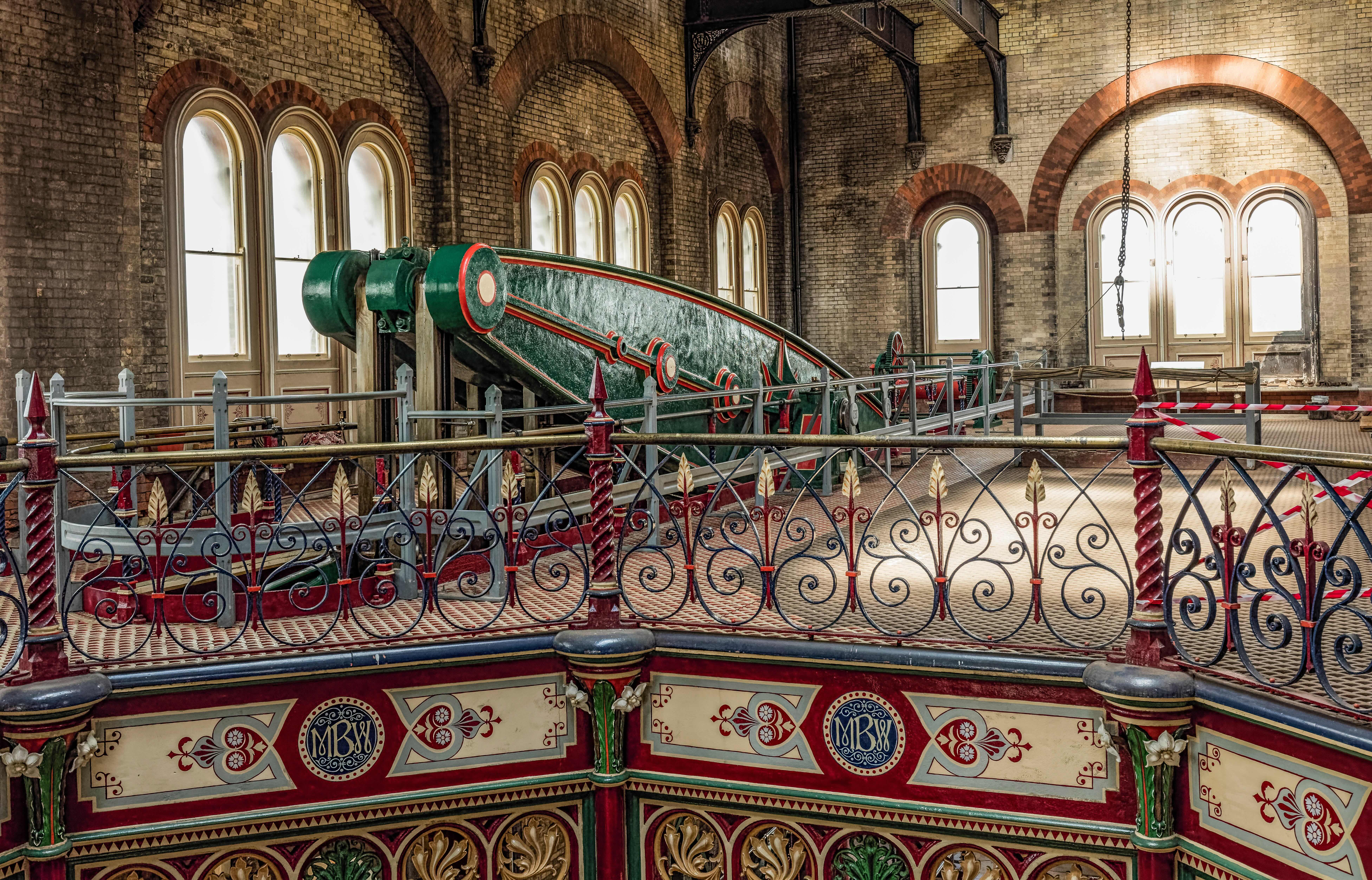 The pumping stations built to lift sewage between the different levels, described as a Victorian cathedral of ironwork.