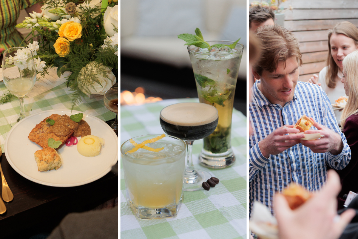 The main course, drinks, and appetizers from the dinner.