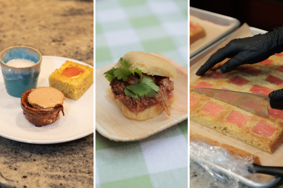 Dessert trio, a slider, and pink GMO pineapple upside-down cake.