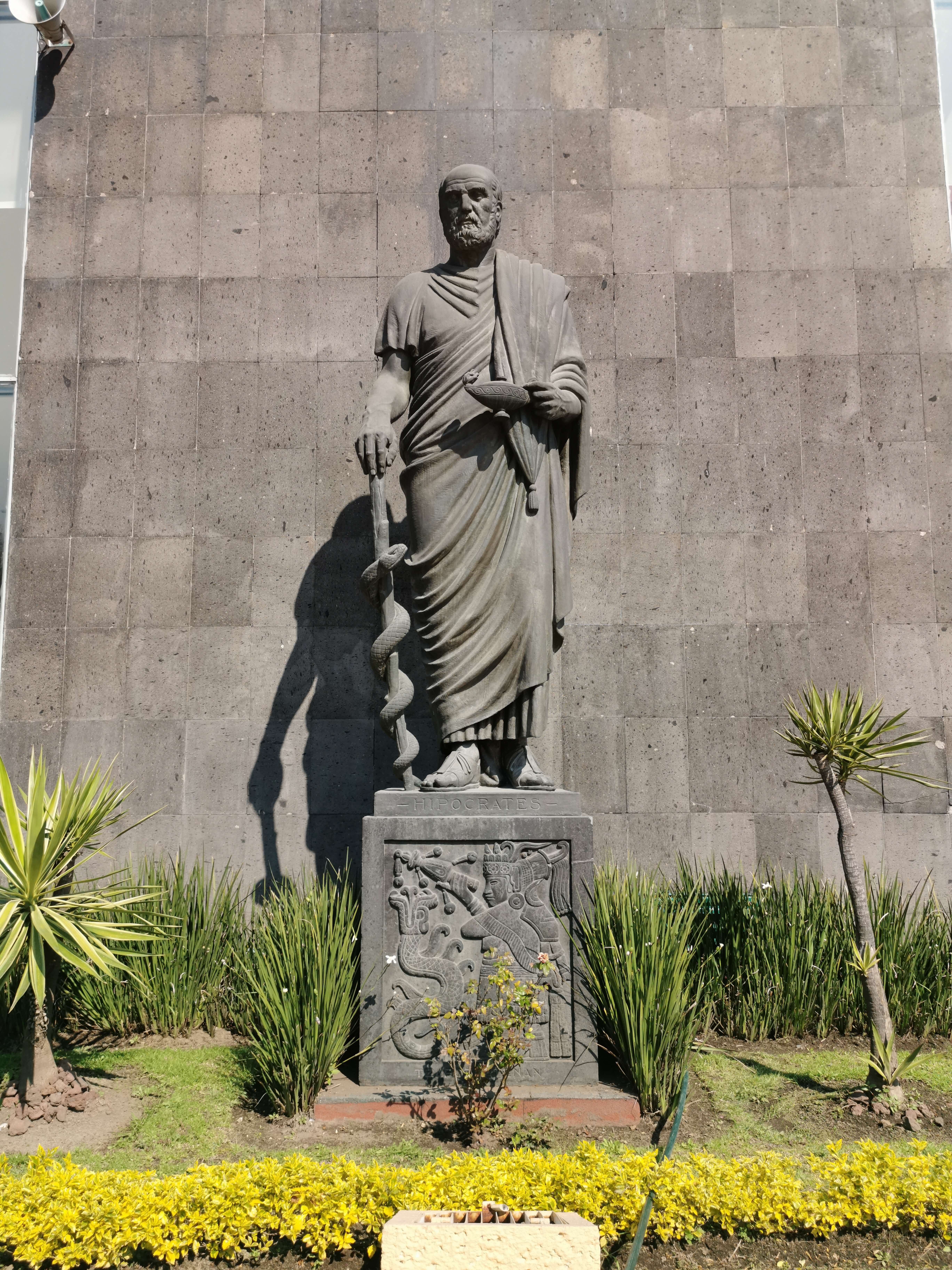 A statue of Hippocrates holding a Staff of Asclepius, in Mexico's Centro Médico Nacional Siglo XXI.