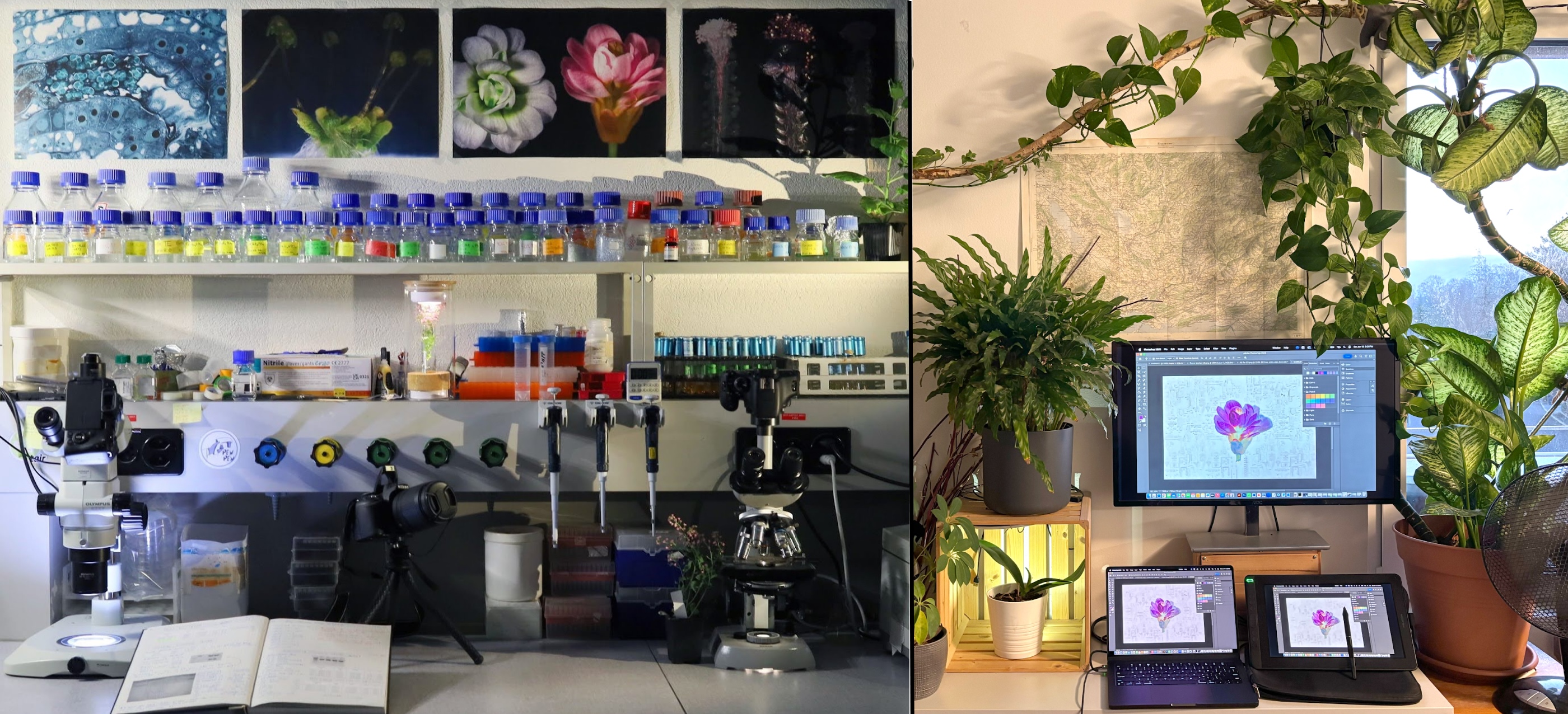 Desnoyer's workbench where he made the flowers, imaged next to his homebench where he did the research.