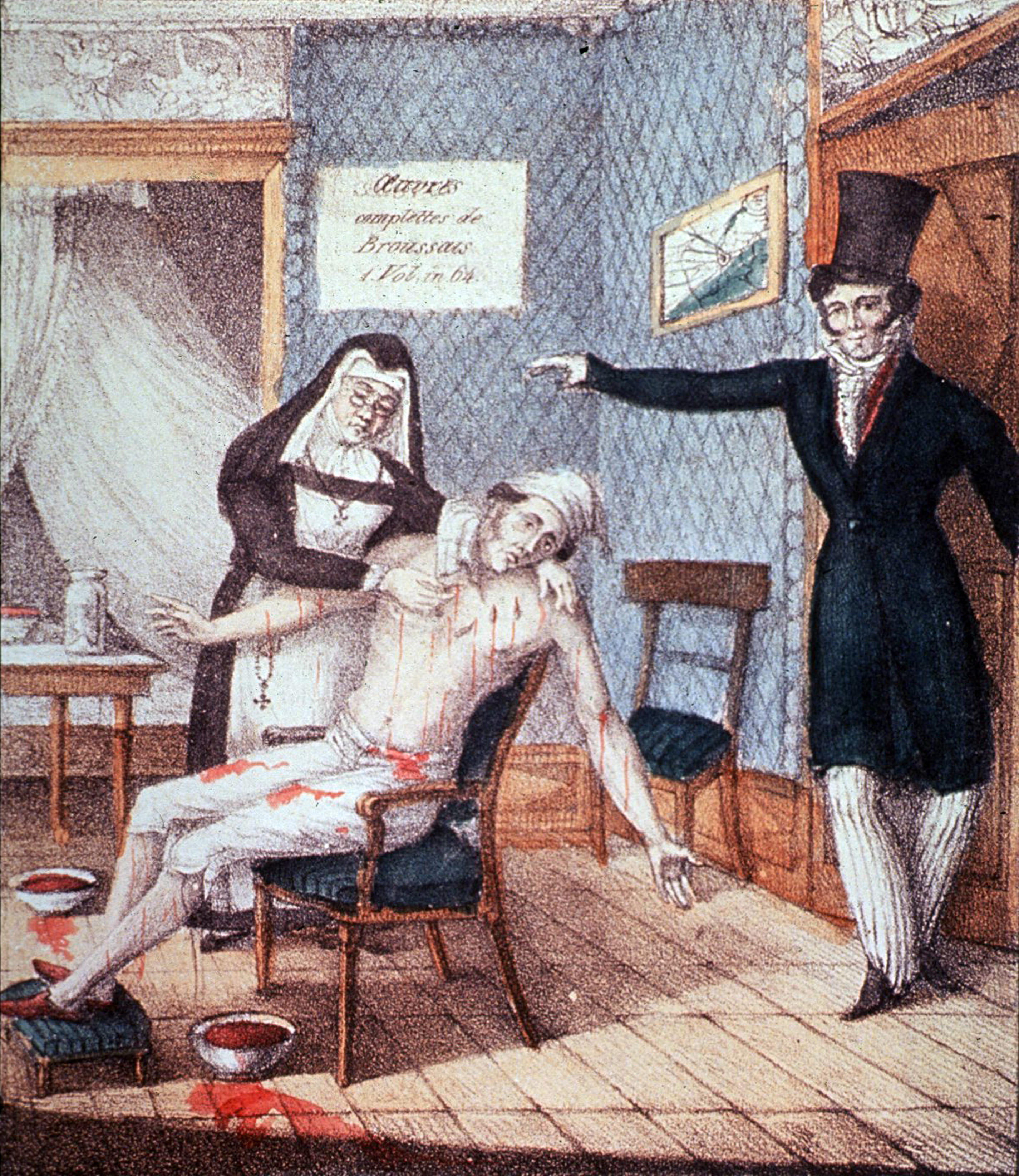 A nun applies leeches to a patient, as Broussais stands in the doorway wearing a top hat and coat.