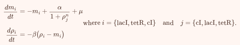 The six differential equations Elowitz used to model the repressilator.