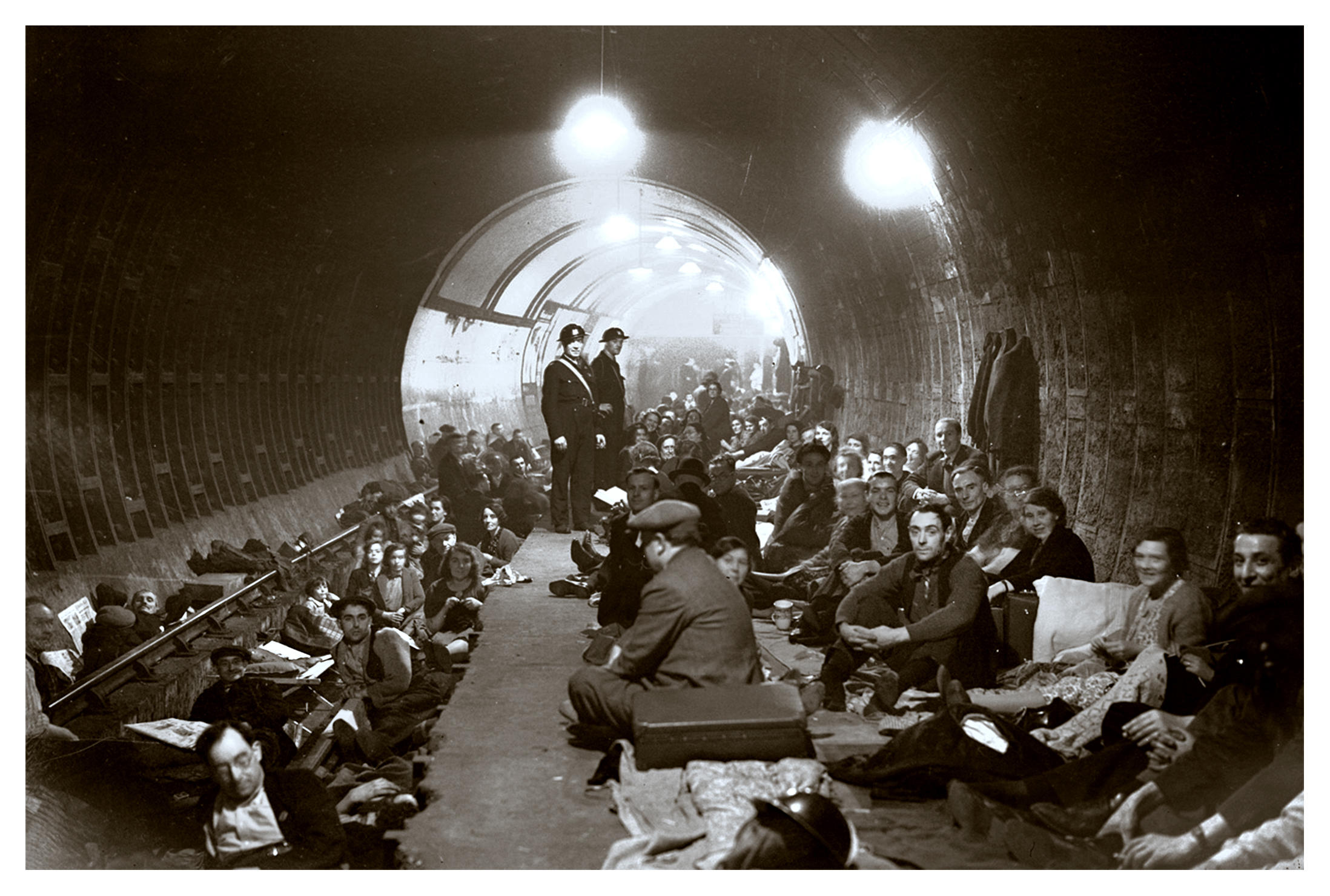 London residents take refuge in an Underground station during intense bombing from the Luftwaffe.