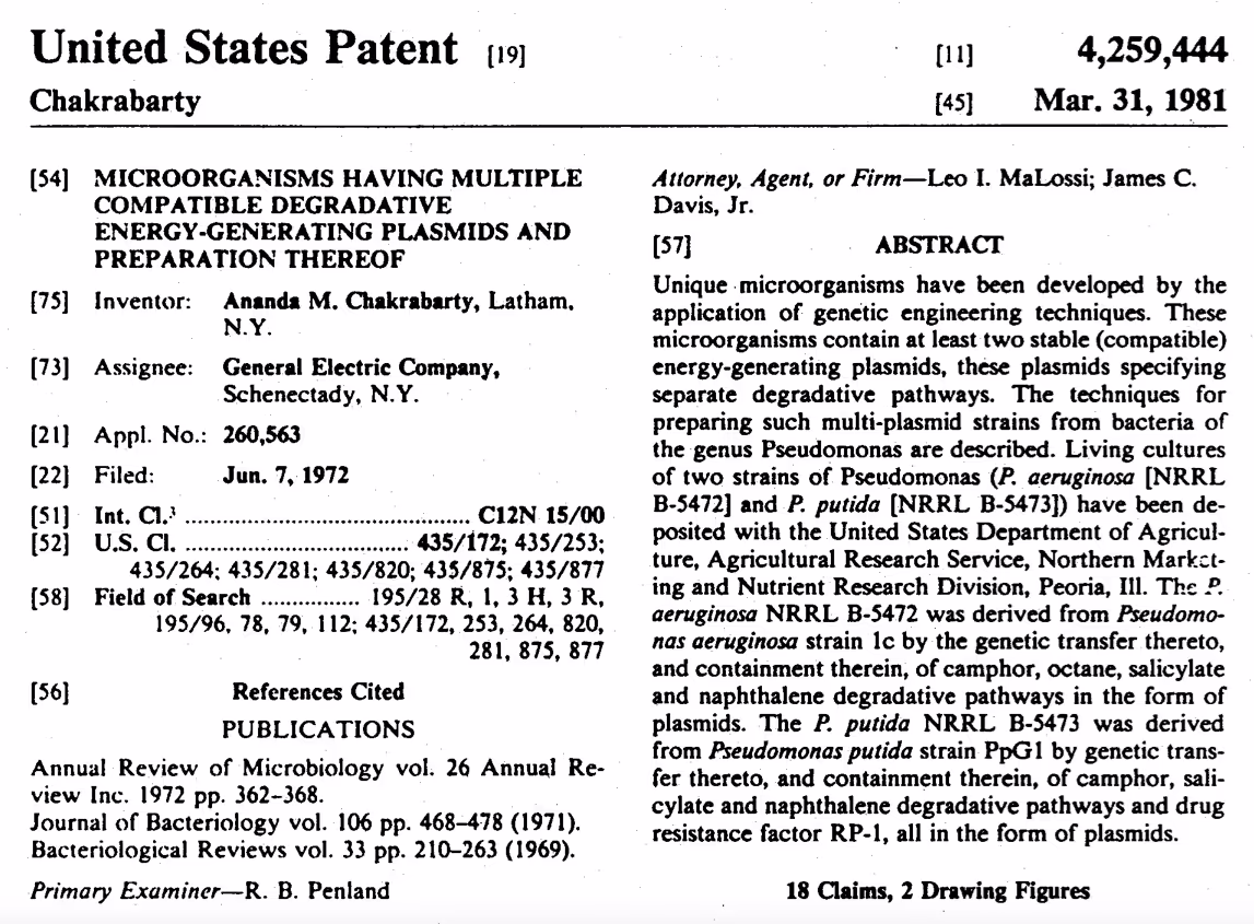 The cover page of the patent granted to Ananda Chakrabarty and General Electric.